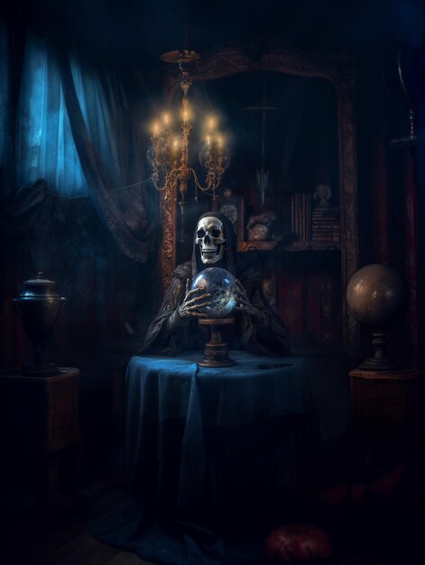 Esqueleto arrafado sentado em uma cadeira com um crânio sobre ele ai generativo