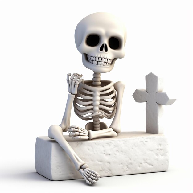 Esqueleto arrafado sentado em uma lápide com uma cruz no fundo