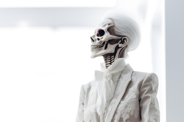 Foto esqueleto arrepiante com um sorriso perverso traje de festa de halloween