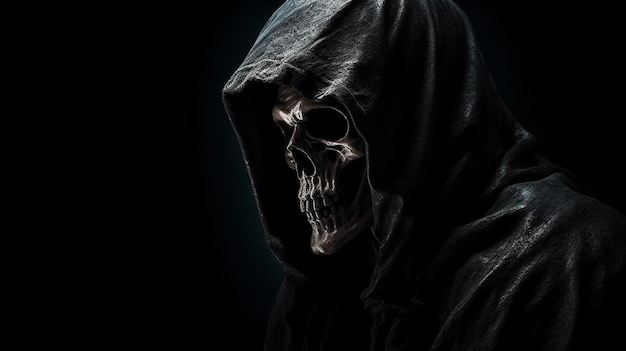 Esqueleto assustador de halloween no manto preto Conceito de horror assustador ai generativo