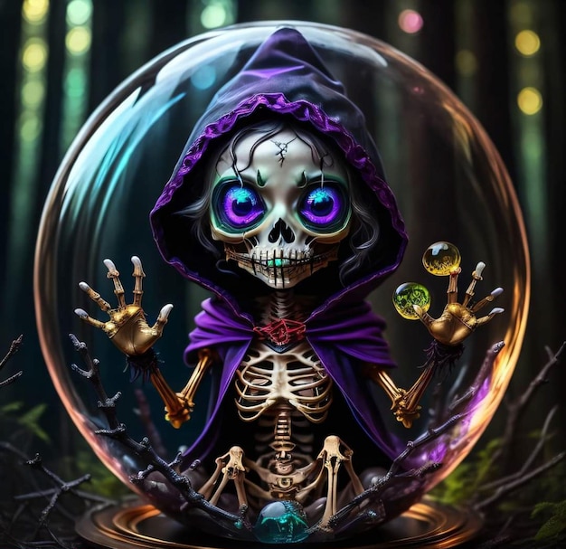 Un esqueleto en una bola con ojos morados está sentado en una burbuja.
