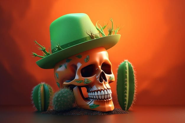 un esqueleto con un cactus creciendo en su cabeza y un sombrero verde