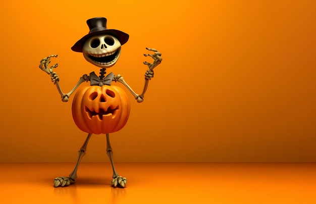 Esqueleto con una calabaza en un fondo naranja Halloween 2