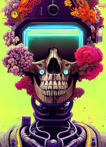 Esqueleto de calavera cyberpunk un retrato aterrador de fantasía de una calavera en una ilustración 3d de fondo de neón brillante