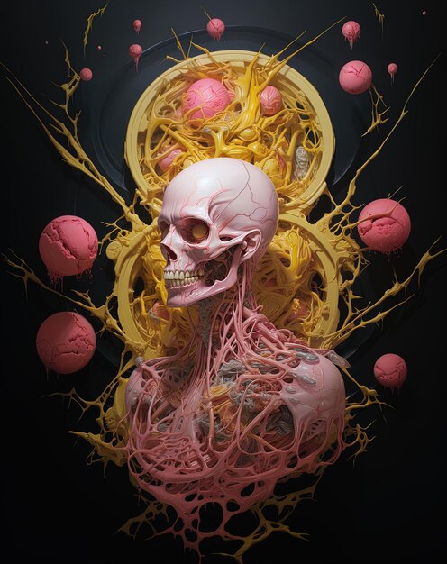 un esqueleto con un cerebro rosa y un fondo negro con las palabras esqueleto en él
