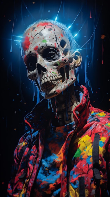Esqueleto com cabelo vermelho e jaqueta colorida generativa AI