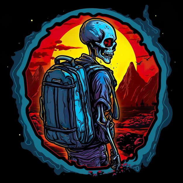 Esqueleto com Mochila Viajante Preto Trashcore Paisagem Apocalíptica Luminosa