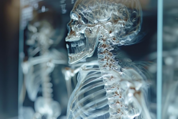 Foto un esqueleto conservado de un animal se exhibe en una caja de vidrio que proporciona una visión detallada de su estructura esquelética.