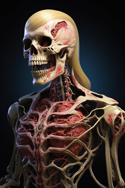 un esqueleto con un cuerpo humano y huesos que muestran la parte superior del cuerpo