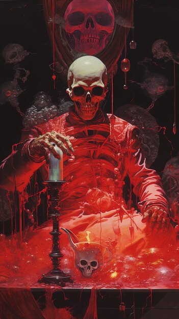 Foto un esqueleto con un cuerpo rojo y una vela en el medio