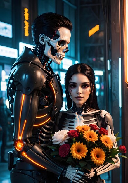 un esqueleto le da un ramo de flores a una hermosa mujer humana con cabello negro oscuro en el ciberespacio