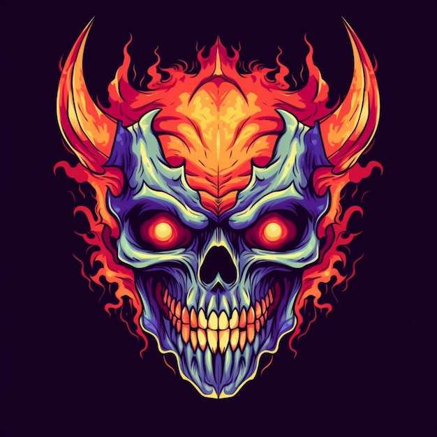Esqueleto de demônio, cabeça de crânio, chifres, mascote de fogo, ilustração de logotipo, arte gerada por IA