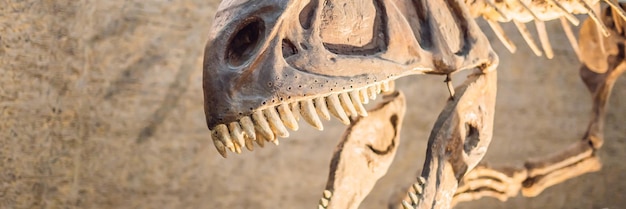 Foto esqueleto de dinossauro de crânio de dinossauro em um formato longo de banner de fundo bege