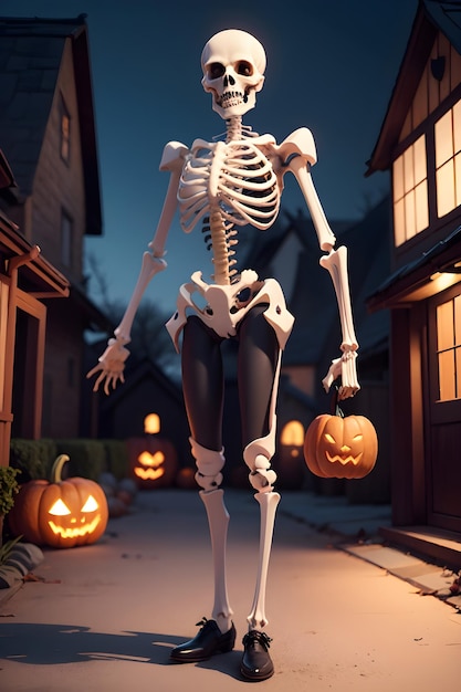 Esqueleto de Halloween na frente de uma casa assombrada
