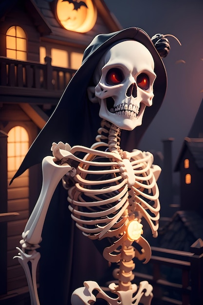 Esqueleto de Halloween na frente de uma casa mal-assombrada