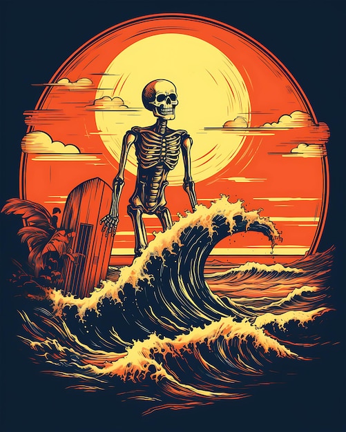 Esqueleto de Halloween pôr do sol vintage ilustração cor retrô fundo 2D