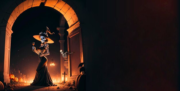 Esqueleto de uma bruxa dançando em um cemitério fundo simples de halloween com imagem no lado esquerdo