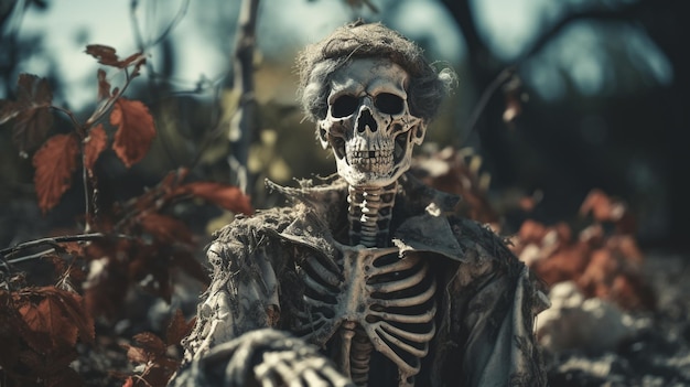Esqueleto de zumbi de Halloween acordado em um cemitério assombrado casa velha Horror assustador fundo assustador