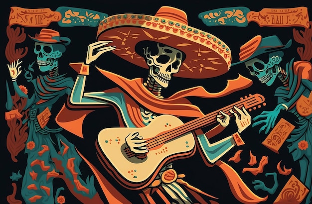 Esqueleto del Día de Muertos con trajes mexicanos y sombrero, toca música y baila