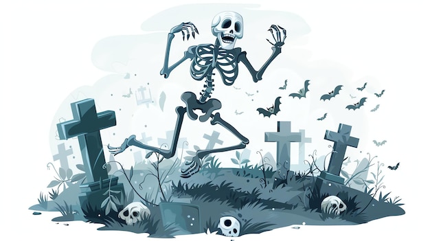 Foto un esqueleto de dibujos animados está bailando felizmente en un cementerio lápidas y cráneos están esparcidos por ahí el esqueleto lleva un sombrero de alto y un monóculo