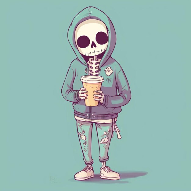 Foto un esqueleto de dibujos animados bebiendo una bebida mientras usa una sudadera generativa ai