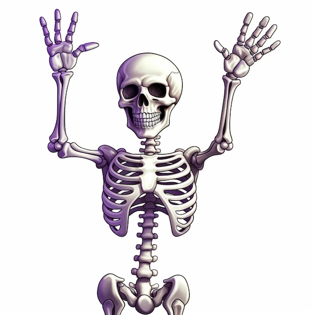 un esqueleto de dibujos animados con los brazos en alto y las manos extendidas en el aire