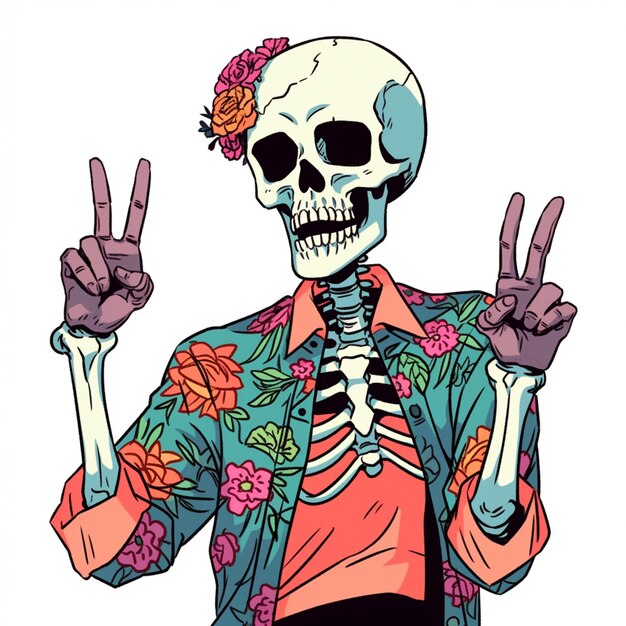 Foto un esqueleto de dibujos animados con una camisa de flores y un signo de paz generativo ai