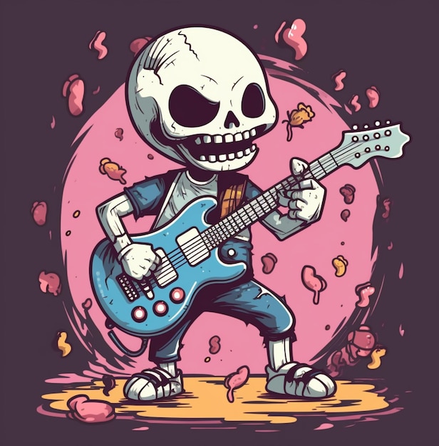 esqueleto de dibujos animados tocando la guitarra con corazones a su alrededor ai generativa