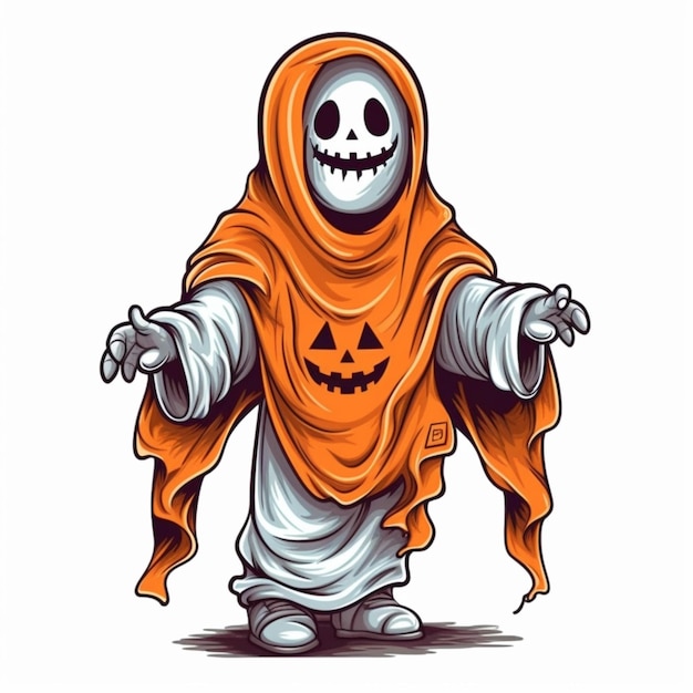 un esqueleto de dibujos animados vestido con un disfraz de Halloween con una calabaza generativa ai