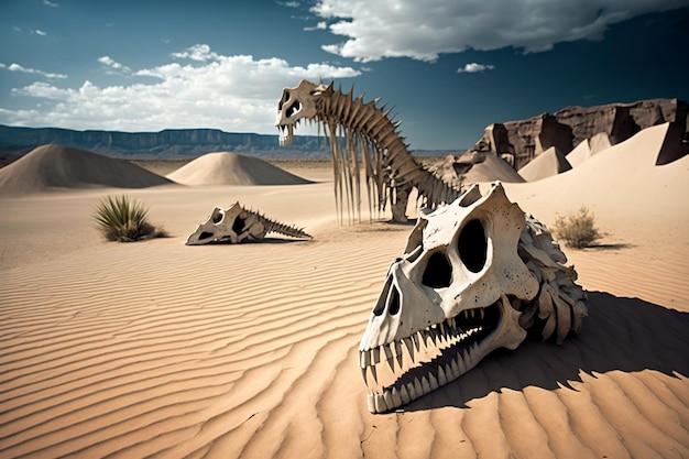 Un esqueleto de un dinosaurio está en el desierto.