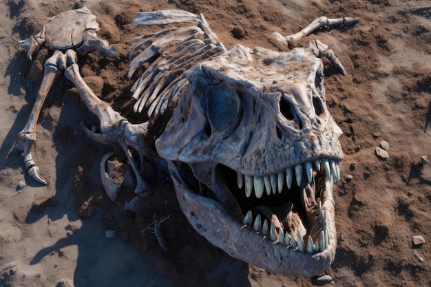Foto esqueleto de dinosaurio en el suelo