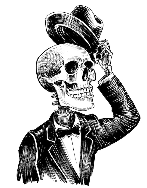 Esqueleto educado diciendo hola levantando sombrero tinta dibujo en blanco y negro