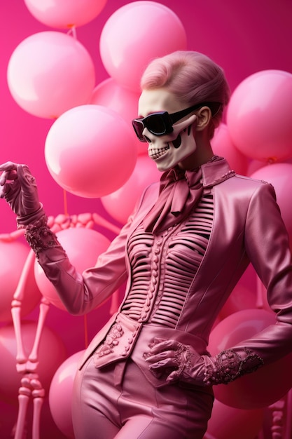 Esqueleto elegante vestido con un disfraz rosa, idea elegante para la celebración de Halloween