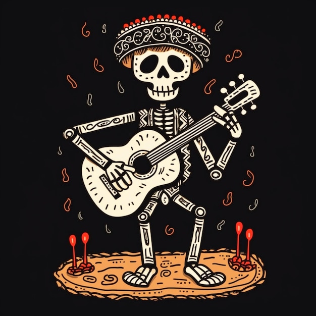 esqueleto engraçado tocando guitarra ilustração desenho iso design para camiseta capa de caneca