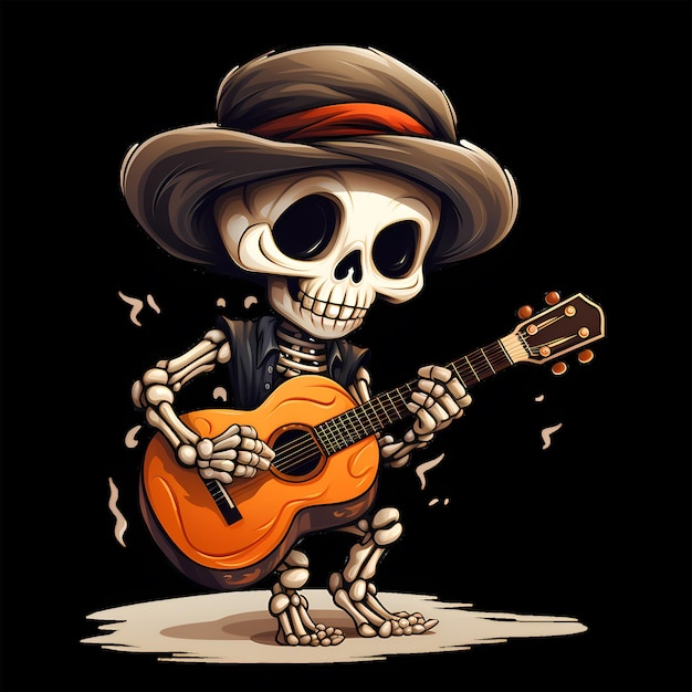 Esqueleto engraçado tocando guitarra, personagem de música Blues