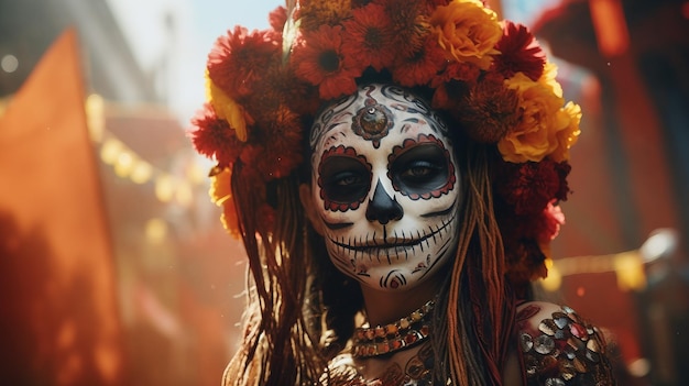 Esqueleto enmascarado tocando música espeluznante Artista en acción Día de los Muertos