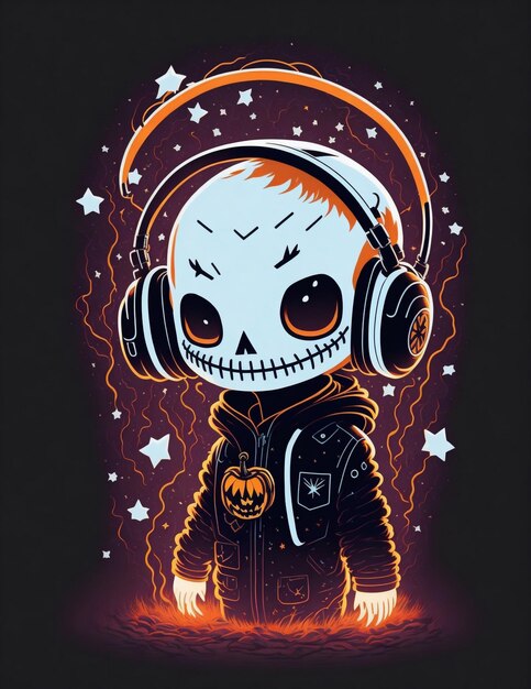 esqueleto escuchando música en fondo oscuro gráficos láser para halloween