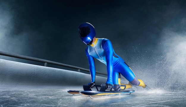 Esqueleto esporte Bobsled Luge O atleta desce em um trenó em uma pista de gelo