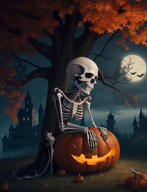 esqueleto estilo halloen sentado debaixo da árvore