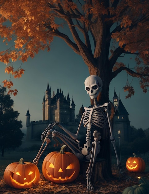 esqueleto estilo halloen sentado debaixo da árvore