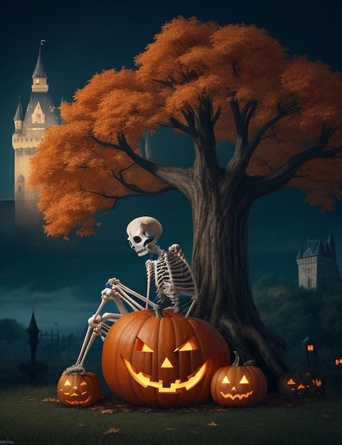 esqueleto estilo halloen sentado debajo del árbol