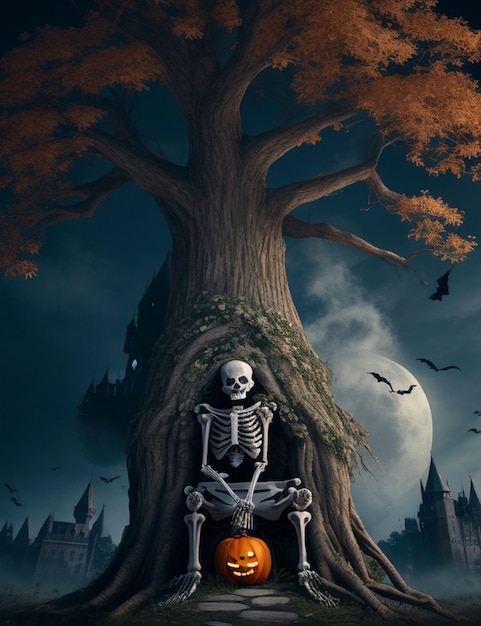 Foto esqueleto estilo halloen sentado debajo del árbol