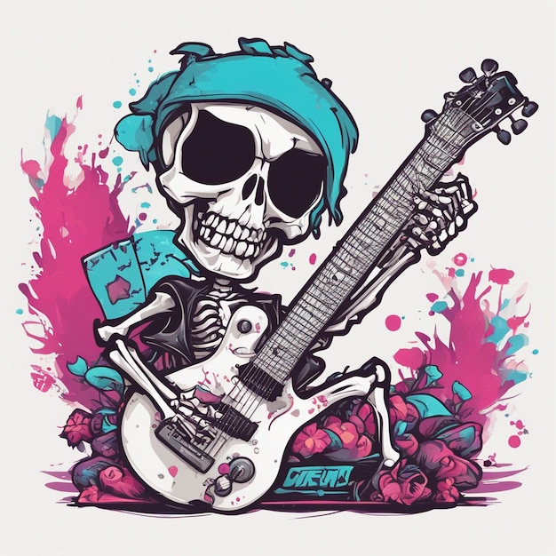 Foto un esqueleto de estilo rockero con un diseño de camiseta de fondo blanco limpio con vista lateral de guitarra