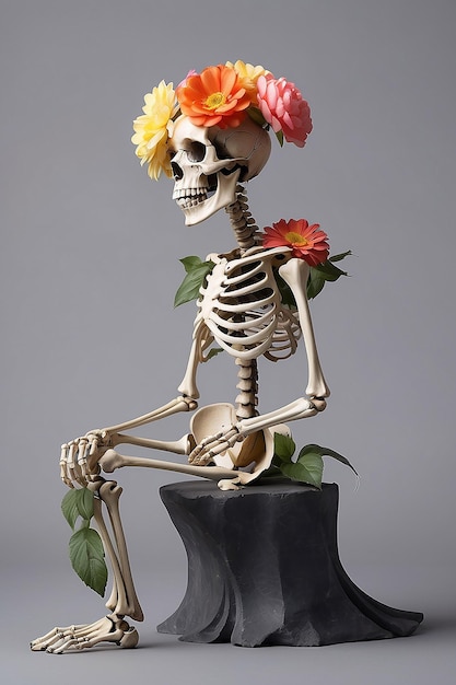 Un esqueleto con una flor en la espalda se sienta frente a un fondo gris