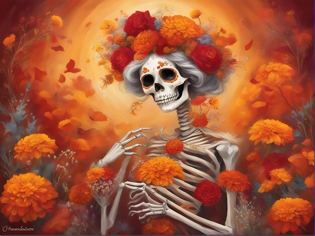 Esqueleto con flores en el cabello Ilustración para Halloween