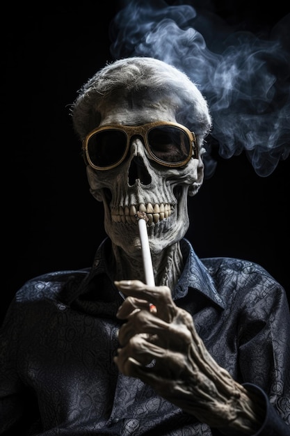 Foto esqueleto, fumaça, cigarro, fundo preto