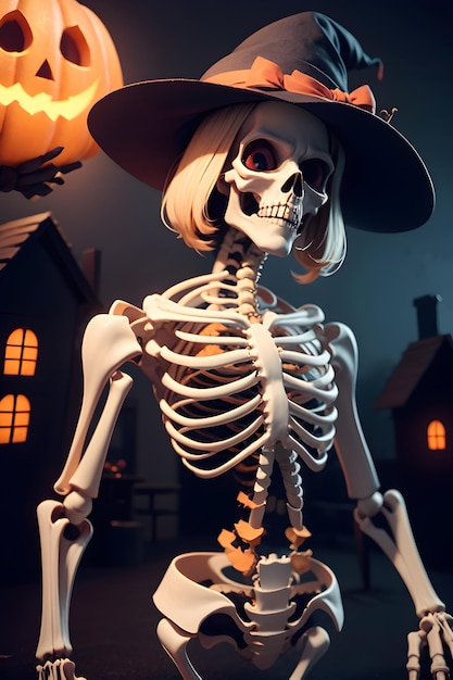 Esqueleto de Halloween frente a una casa embrujada