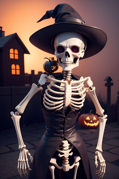 Esqueleto de Halloween frente a una casa embrujada