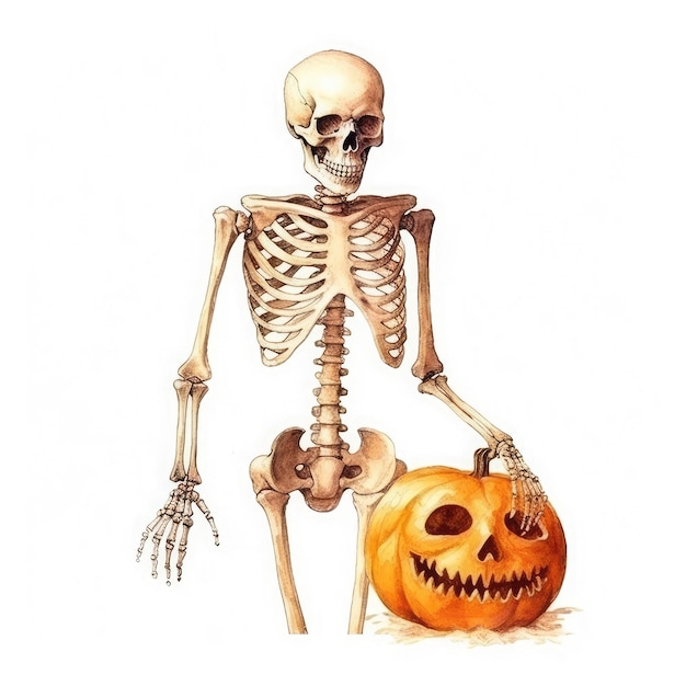 Esqueleto de Halloween en naranja sobre fondo blanco