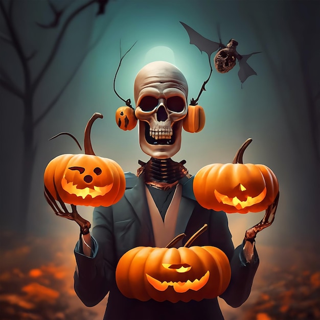 El esqueleto de Halloween que sostiene calabazas La IA genera una plantilla de diseño de ilustración